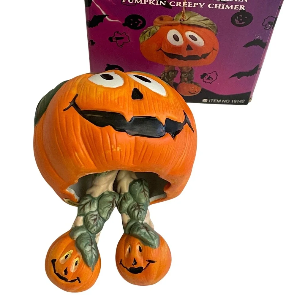 Pumpkin Creepy Chimer Porcelain Halloween Ornament Bell OS Orange